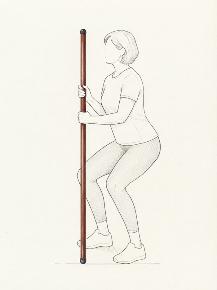 Supported squat holding the pole for balance
